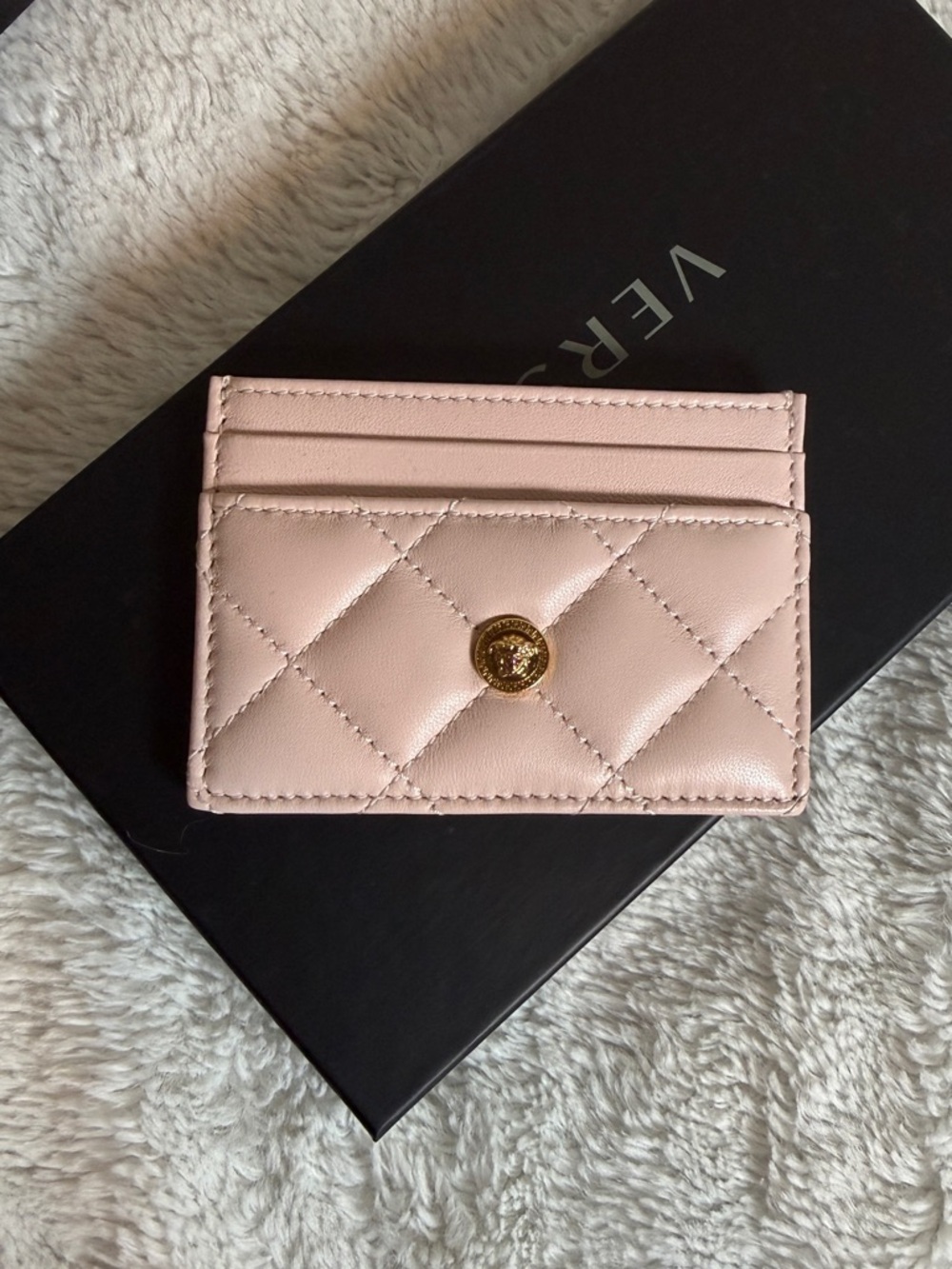 Versace Quilted Pink Leather Card Case with Gold Button